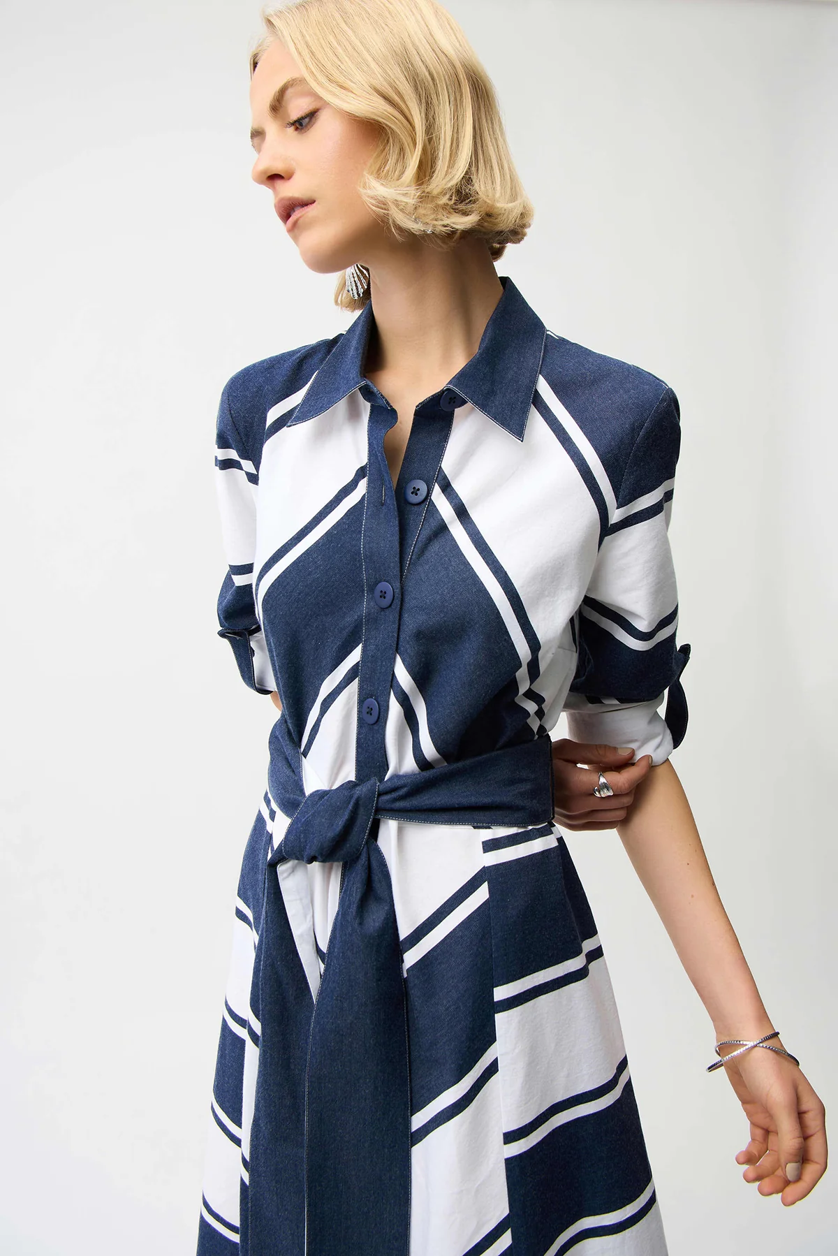 Cotton Stripe Print Fit and Flare Shirt Dress with Reversible Sash - Image 2
