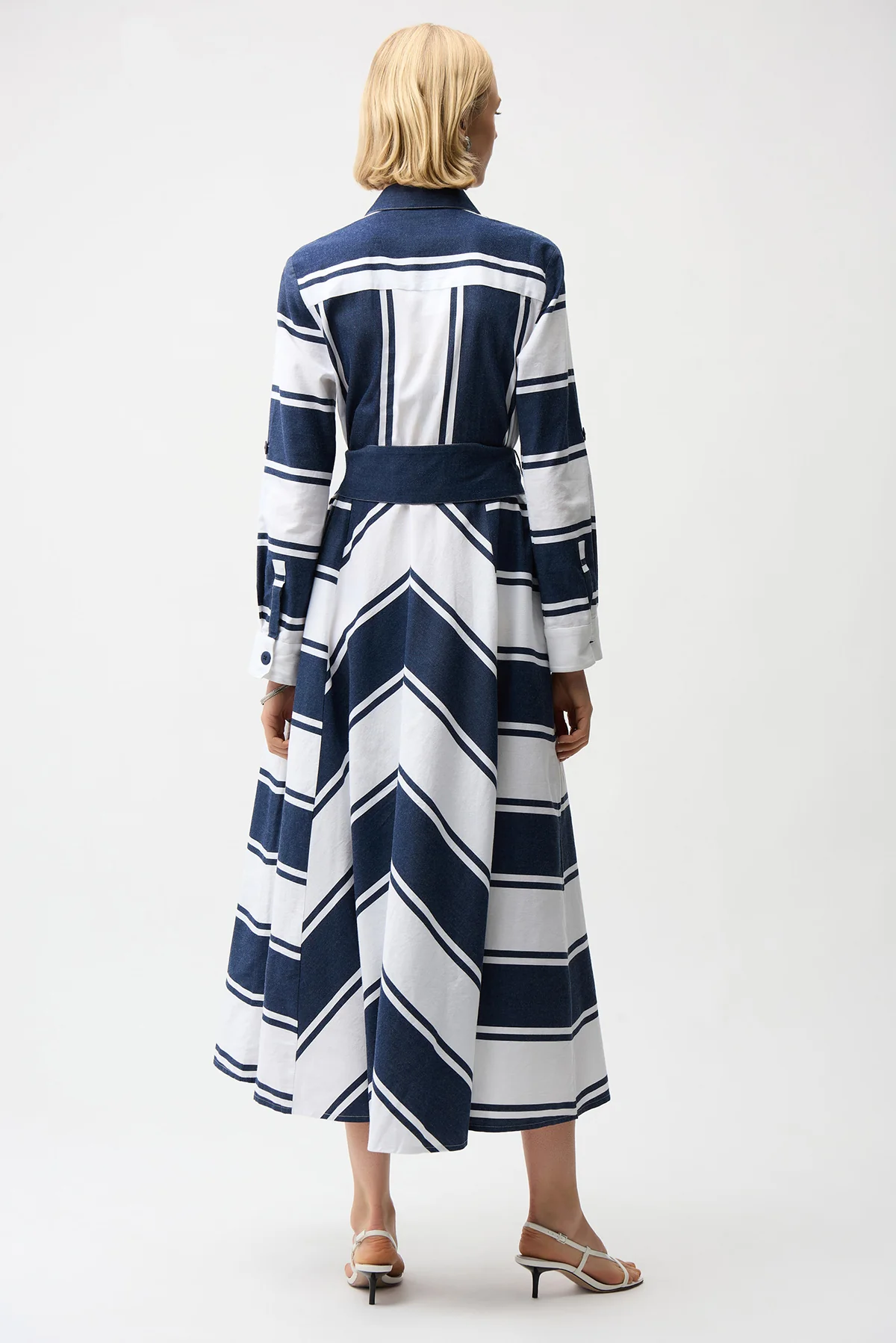 Cotton Stripe Print Fit and Flare Shirt Dress with Reversible Sash - Image 3
