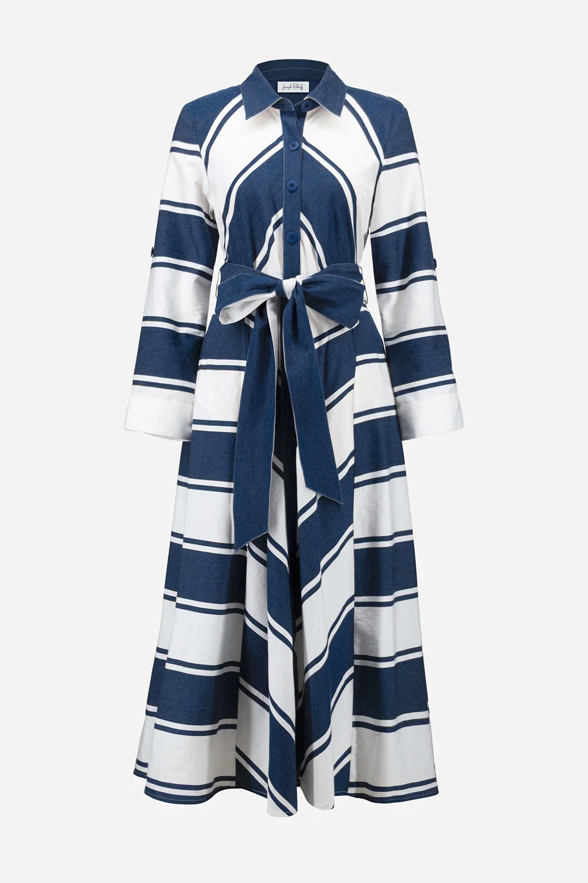 Cotton Stripe Print Fit and Flare Shirt Dress with Reversible Sash - Image 4