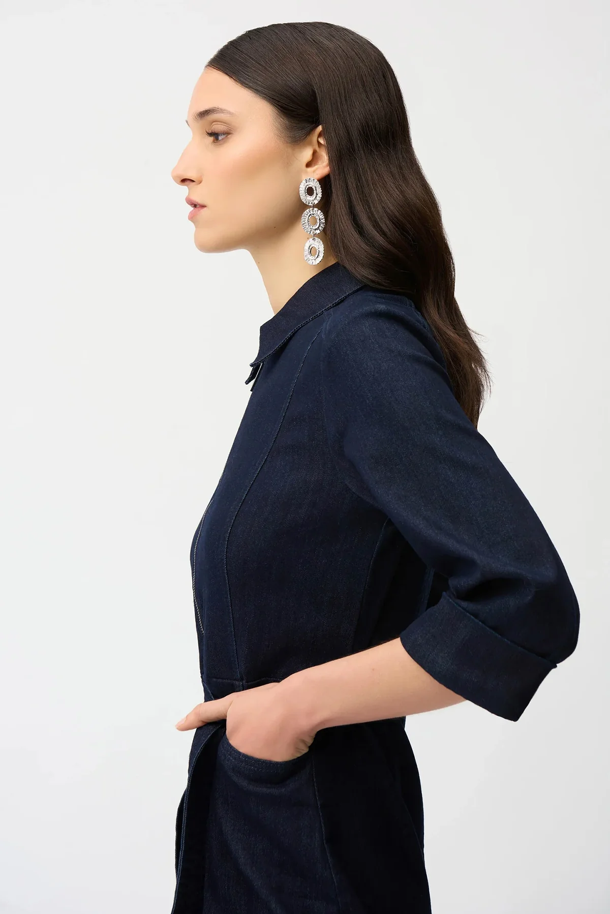 Denim Dress With Half Zip and Belt - Image 2