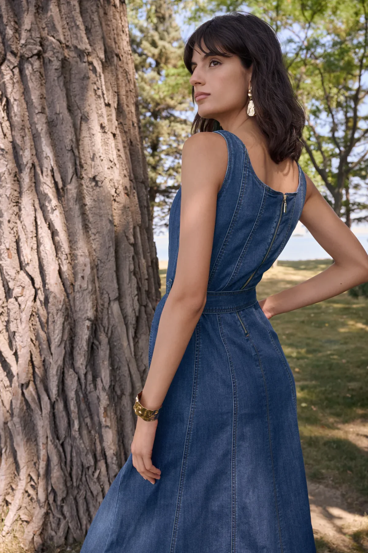 Denim Fit And Flare Midi Dress With Belt - Image 3
