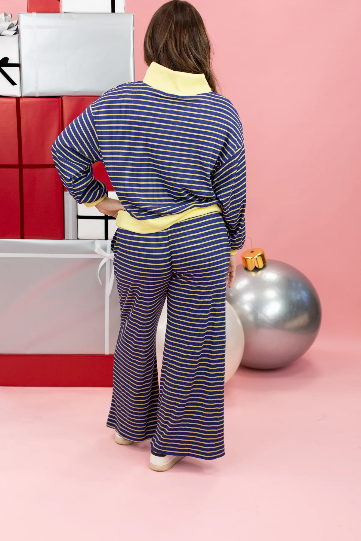 Drawstring Waist Stripe Print Ribbed Sweatpants - Image 3