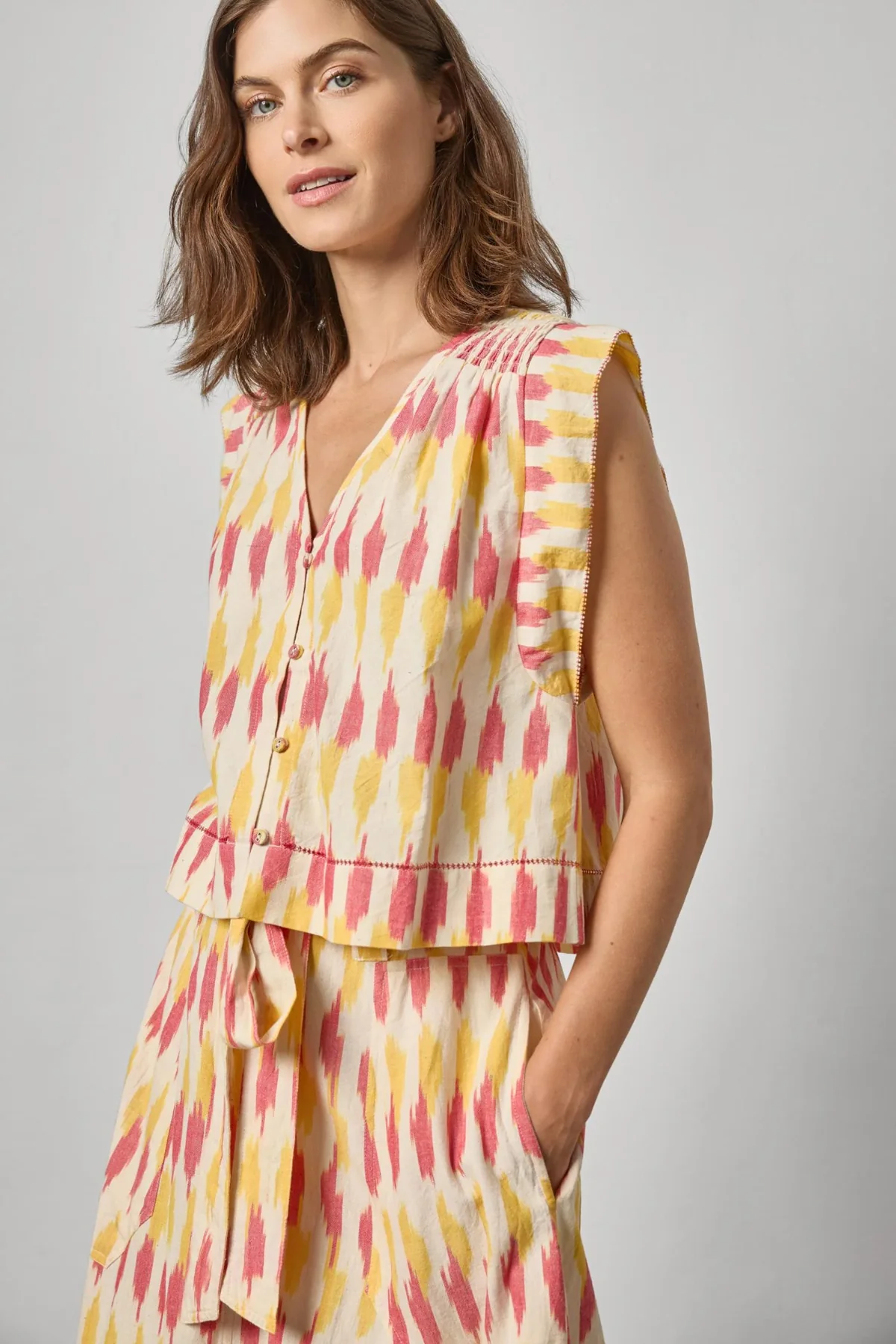Ikat Shirred Shoulder Top