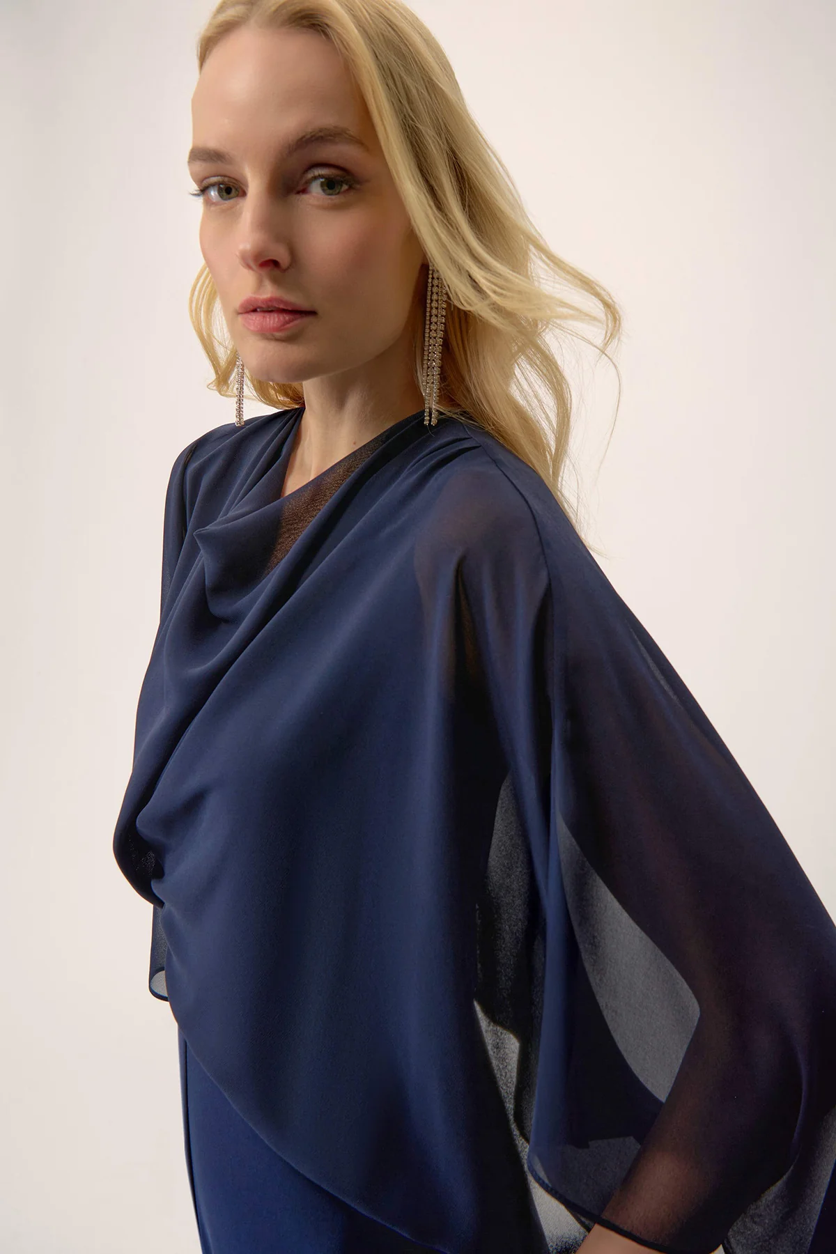 Silky Knit Wide Leg Jumpsuit with Chiffon Overlay - Image 3