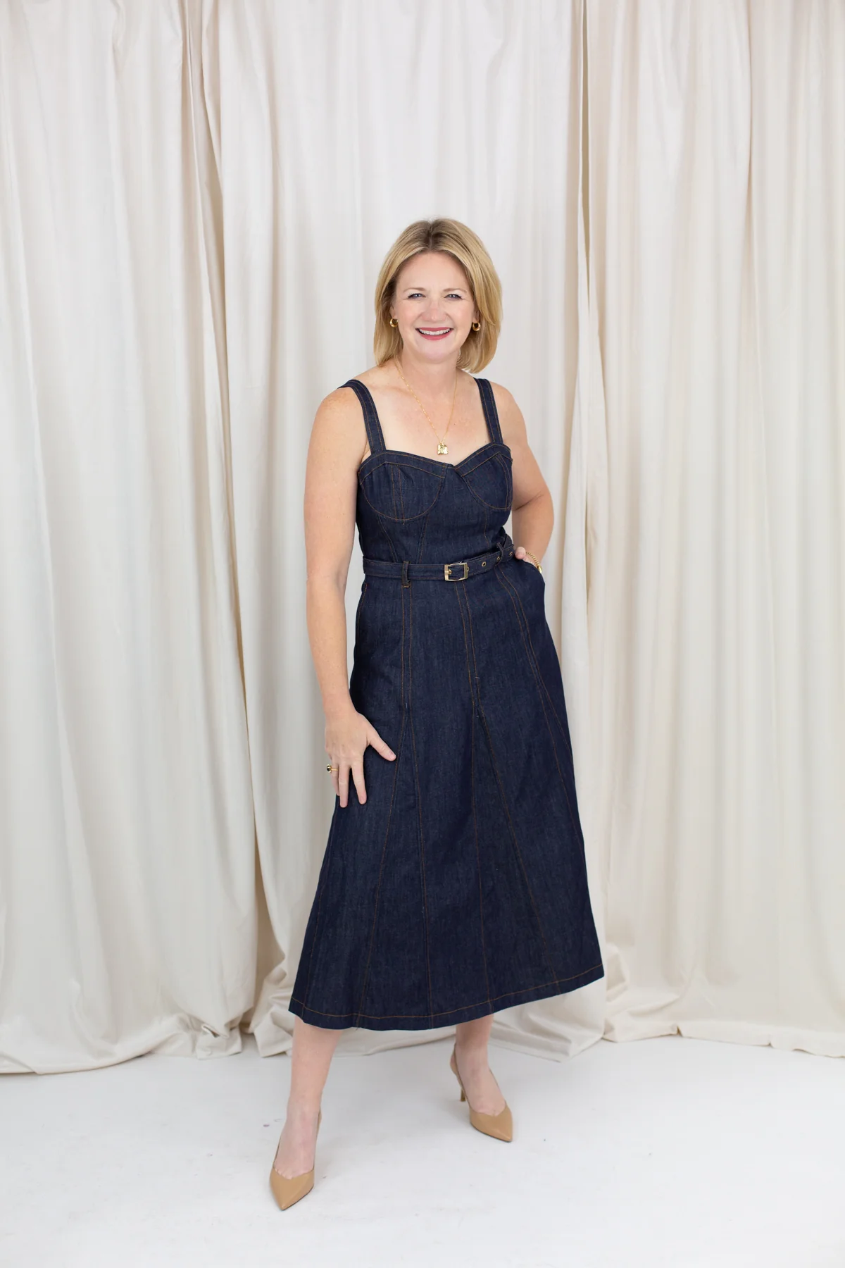 Sweetheart Corset Detail Belt Indigo Midi Dress - Image 4