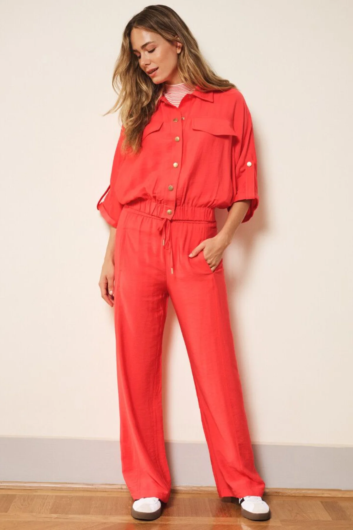 Trousers Wide Leg Elastic Waist Slub