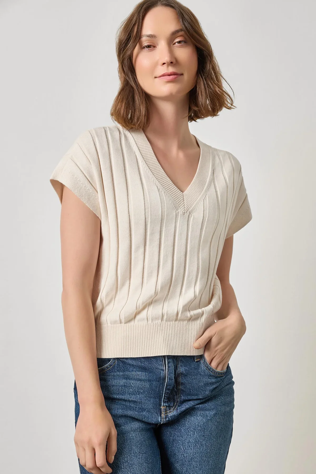 Wide Rib Wedge V-Neck Sweater
